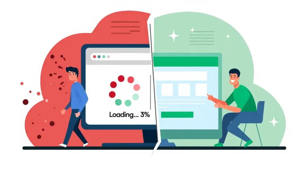 Comparison between a frustrated visitor on a slow site and a satisfied visitor on an optimized site