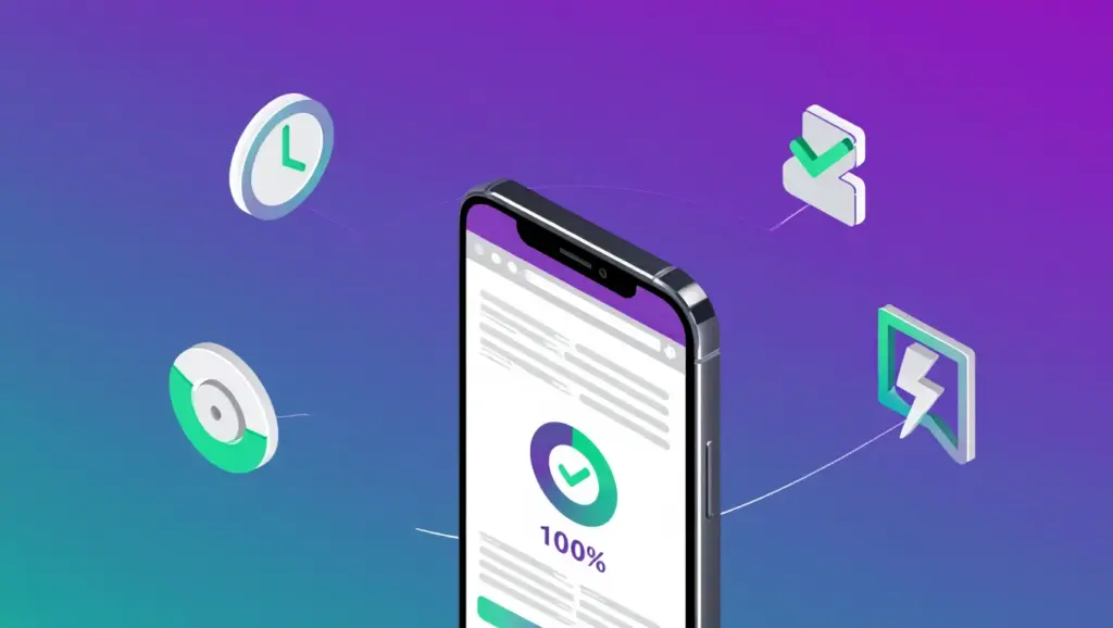 Smartphone displaying an optimized website surrounded by Core Web Vitals indicators